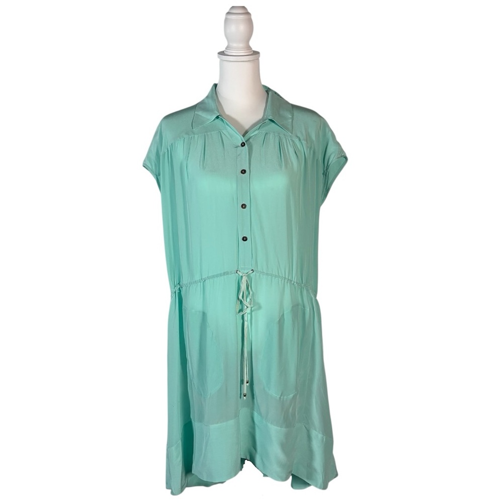 Tracy Reese Teal Short Sleeve Dress Women’s M Button Down Drawstring Casual